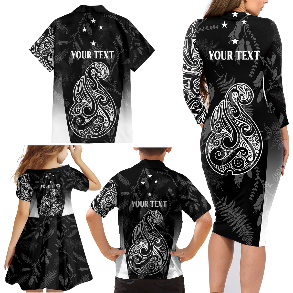 Personalised Maori Waitangi Family Matching Long Sleeve Bodycon Dress and Hawaiian Shirt New Zealand Silver Fern Mix Kowhai Flowers LT7 - Polynesian Pride