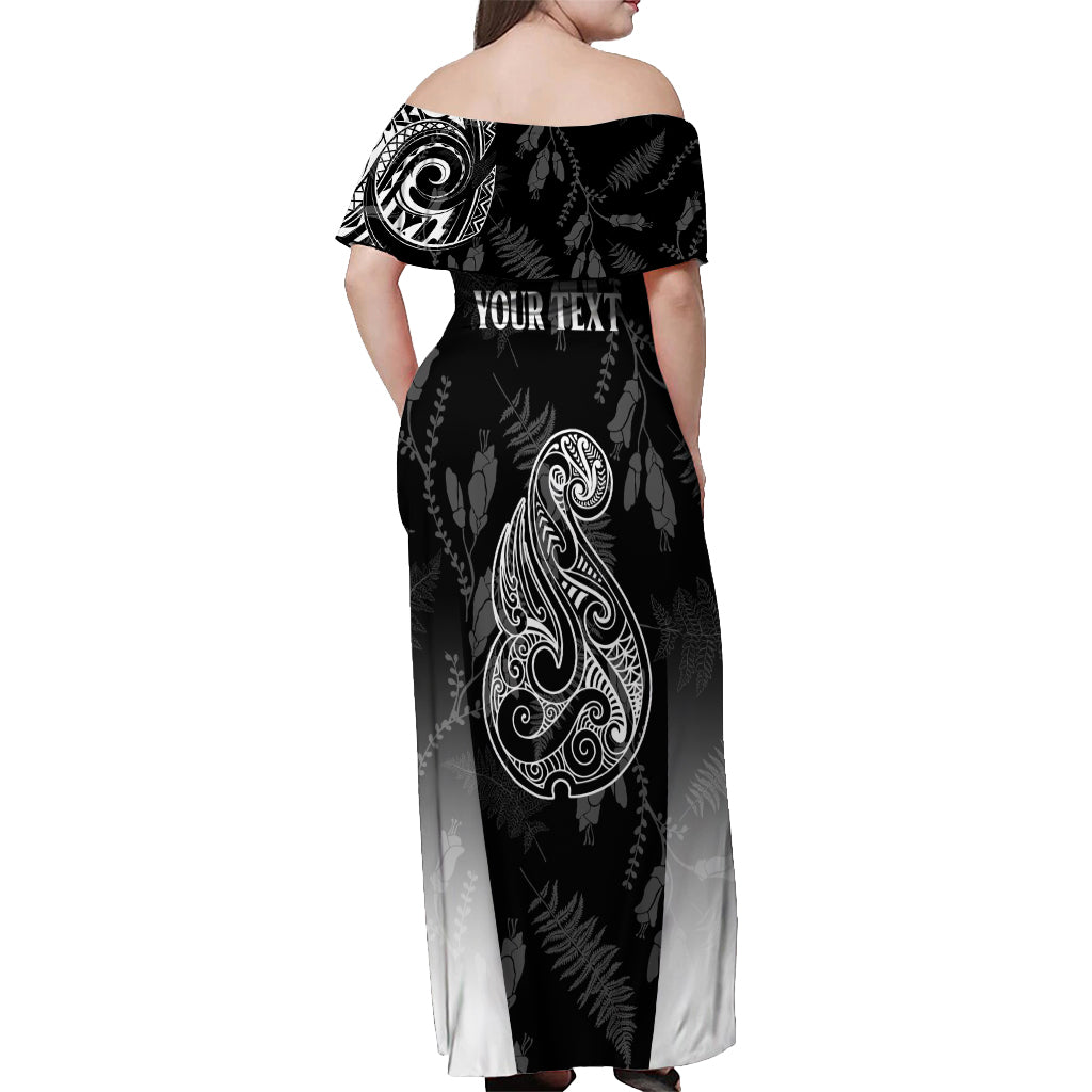 Personalised Maori Waitangi Off Shoulder Maxi Dress New Zealand Silver Fern Mix Kowhai Flowers LT7 - Polynesian Pride