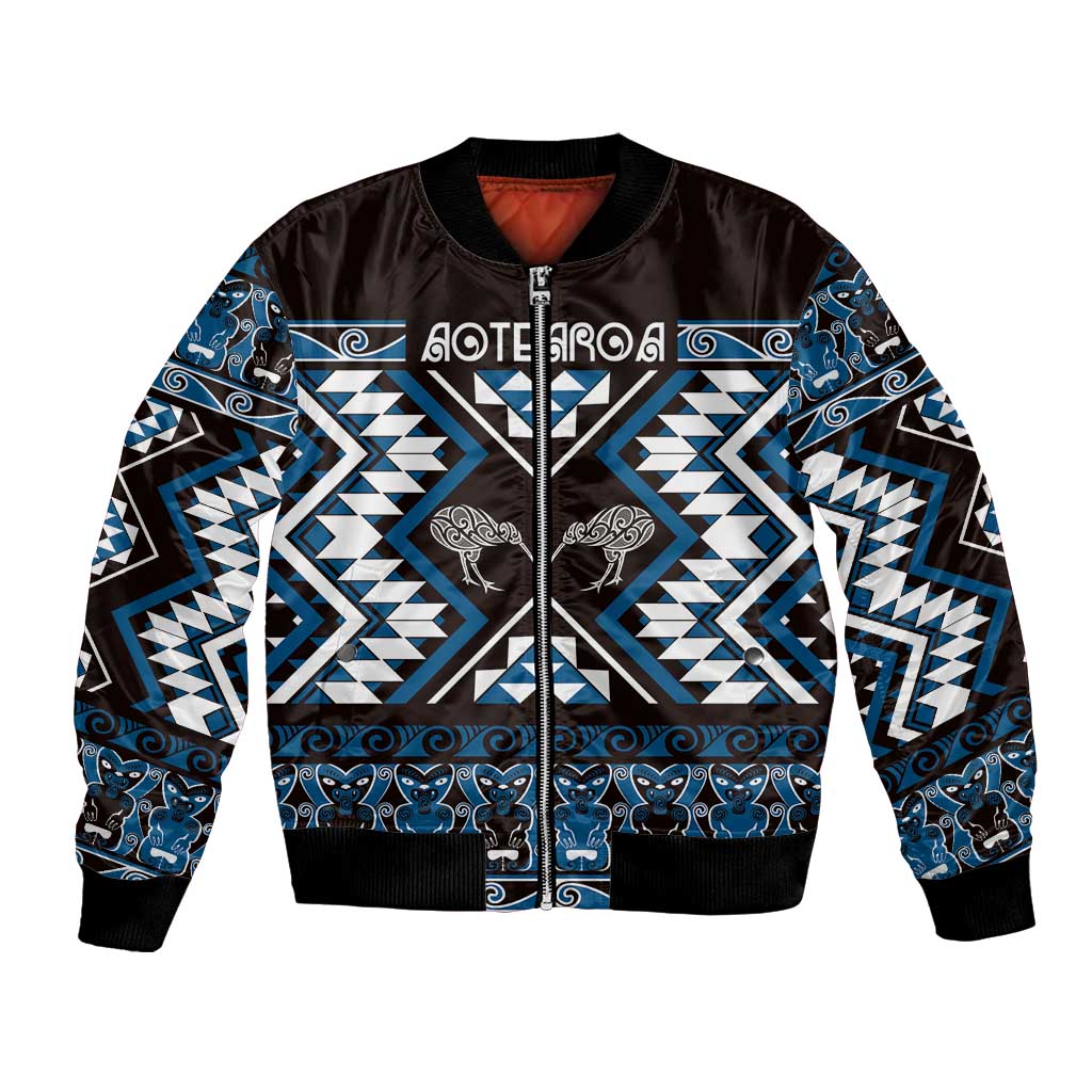 Personalised Taniko Motifs Aotearoa Bomber Jacket Waitangi Kowhaiwhai Kiwi - Blue LT7 Unisex Blue - Polynesian Pride