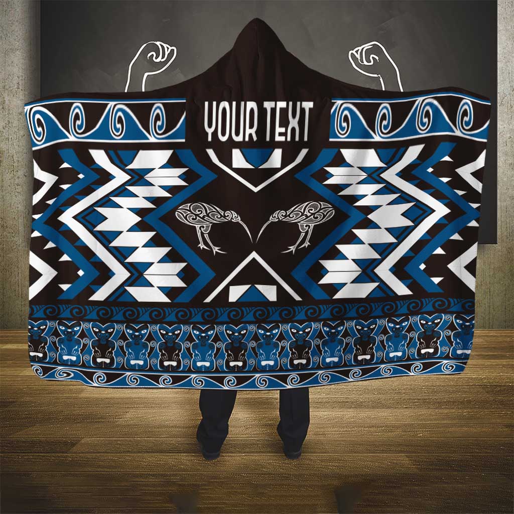 Personalised Taniko Motifs Aotearoa Hooded Blanket Waitangi Kowhaiwhai Kiwi - Blue