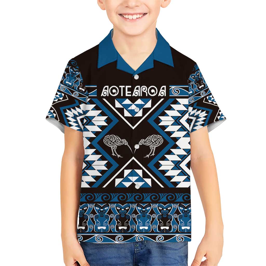 Personalised Taniko Motifs Aotearoa Kid Hawaiian Shirt Waitangi Kowhaiwhai Kiwi - Blue LT7 Kid Blue - Polynesian Pride