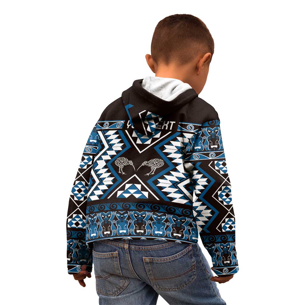 Personalised Taniko Motifs Aotearoa Kid Hoodie Waitangi Kowhaiwhai Kiwi - Blue