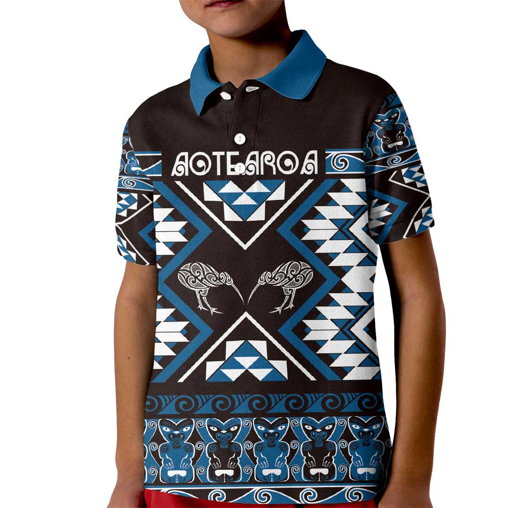 Personalised Taniko Motifs Aotearoa Kid Polo Shirt Waitangi Kowhaiwhai Kiwi - Blue LT7 Kid Blue - Polynesian Pride