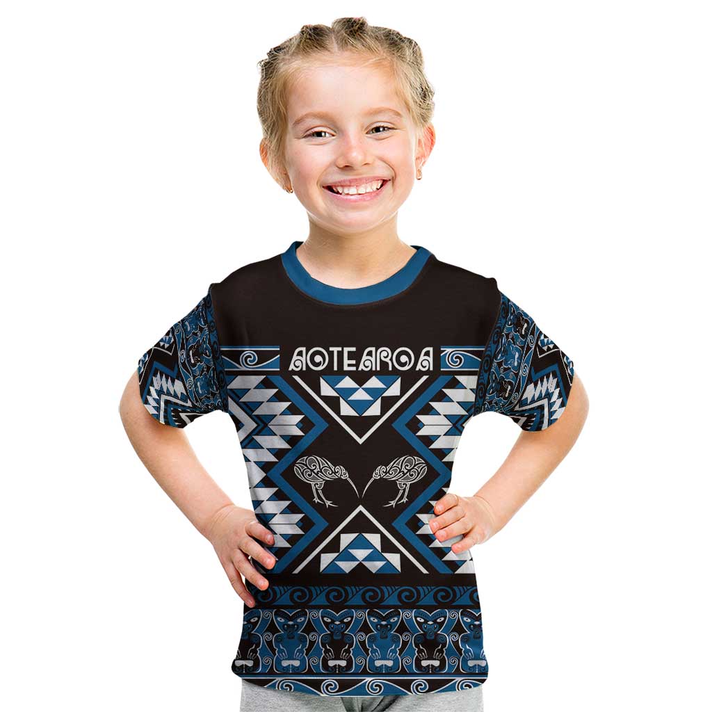 Personalised Taniko Motifs Aotearoa Kid T Shirt Waitangi Kowhaiwhai Kiwi - Blue LT7 Blue - Polynesian Pride