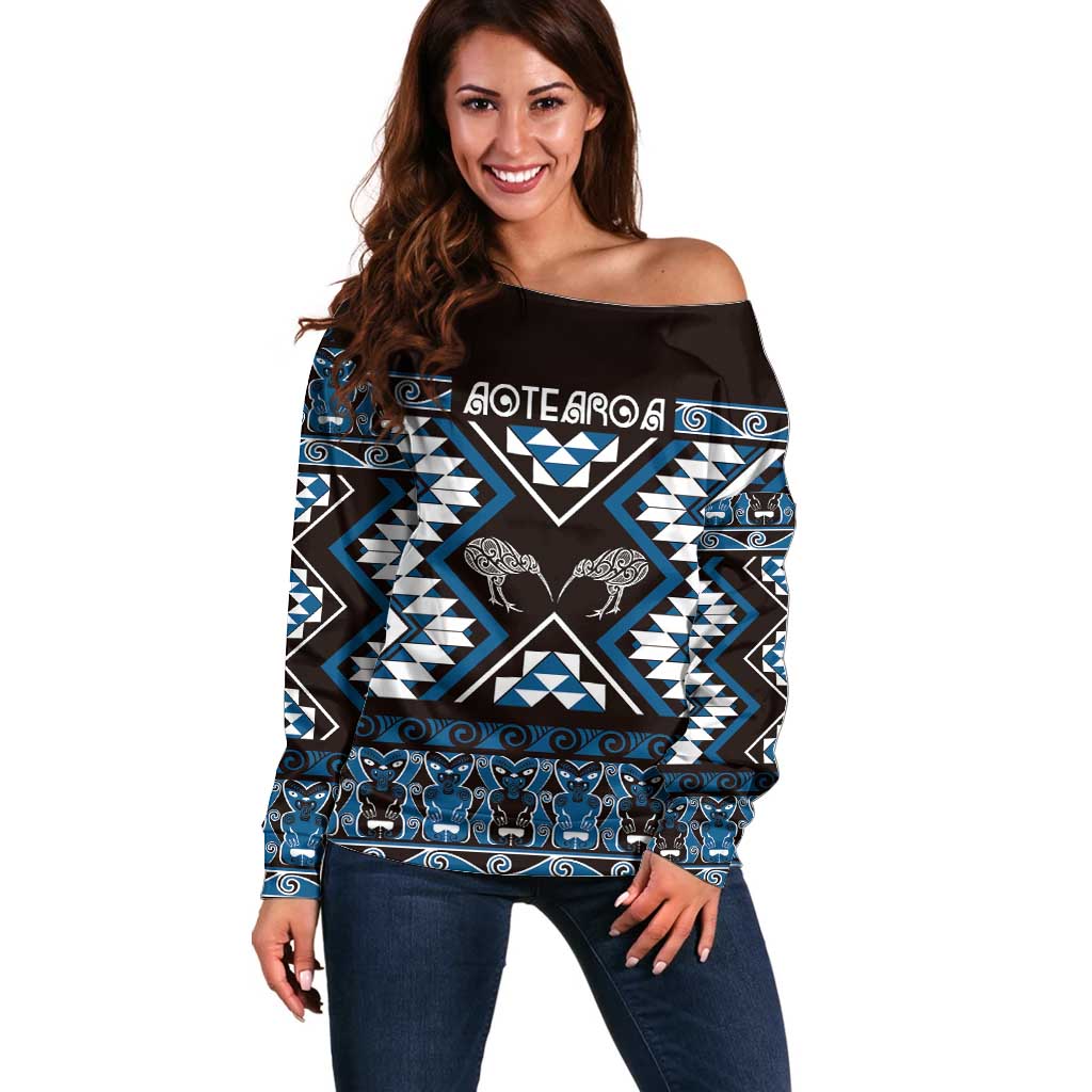 Personalised Taniko Motifs Aotearoa Off Shoulder Sweater Waitangi Kowhaiwhai Kiwi - Blue LT7 Women Blue - Polynesian Pride