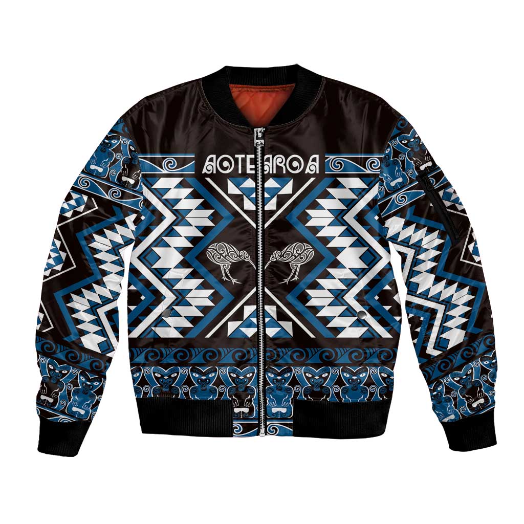 Personalised Taniko Motifs Aotearoa Sleeve Zip Bomber Jacket Waitangi Kowhaiwhai Kiwi - Blue LT7 Unisex Blue - Polynesian Pride