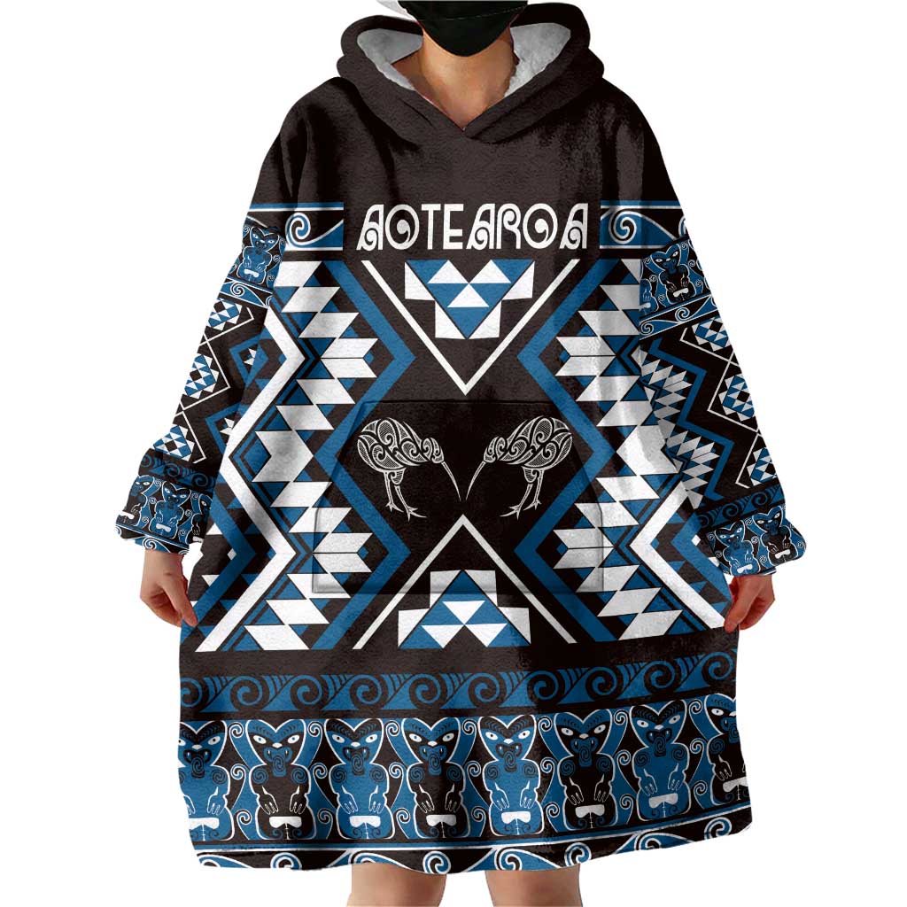 Personalised Taniko Motifs Aotearoa Wearable Blanket Hoodie Waitangi Kowhaiwhai Kiwi - Blue