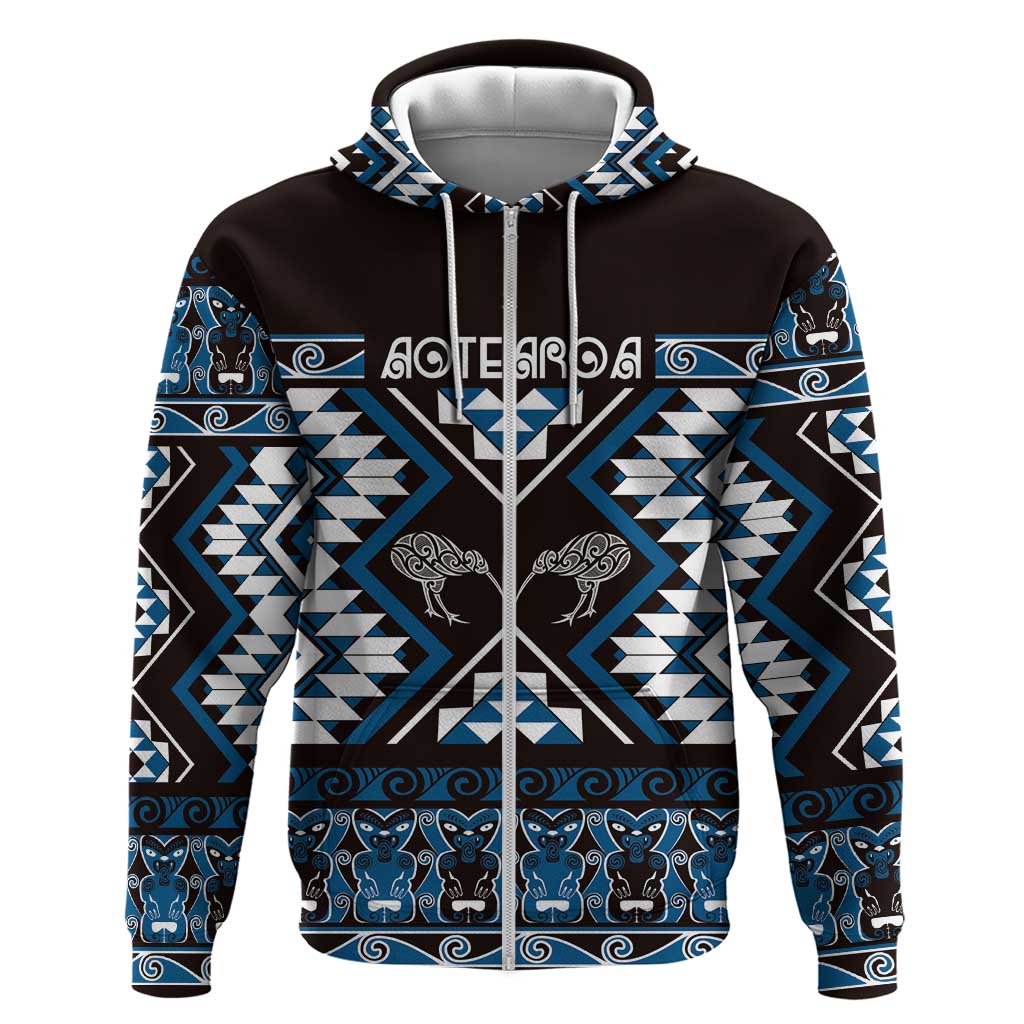 Personalised Taniko Motifs Aotearoa Zip Hoodie Waitangi Kowhaiwhai Kiwi - Blue LT7 Zip Hoodie Blue - Polynesian Pride