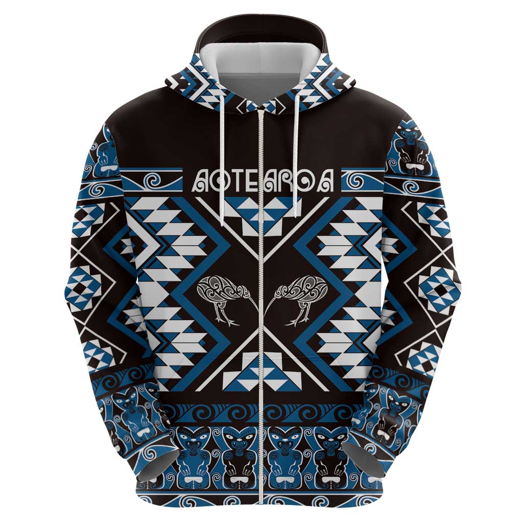 Personalised Taniko Motifs Aotearoa Zip Hoodie Waitangi Kowhaiwhai Kiwi - Blue LT7 - Polynesian Pride