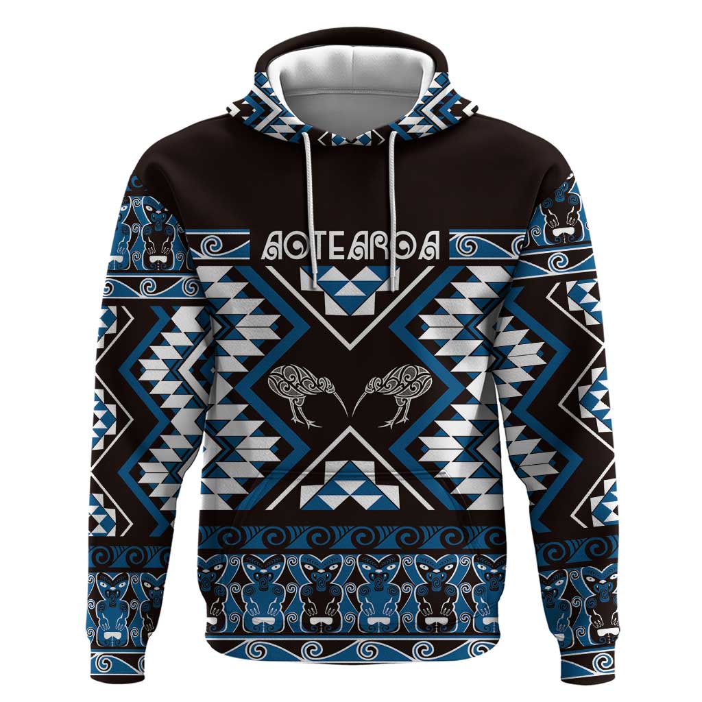 Personalised Taniko Motifs Aotearoa Zip Hoodie Waitangi Kowhaiwhai Kiwi - Blue LT7 Pullover Hoodie Blue - Polynesian Pride