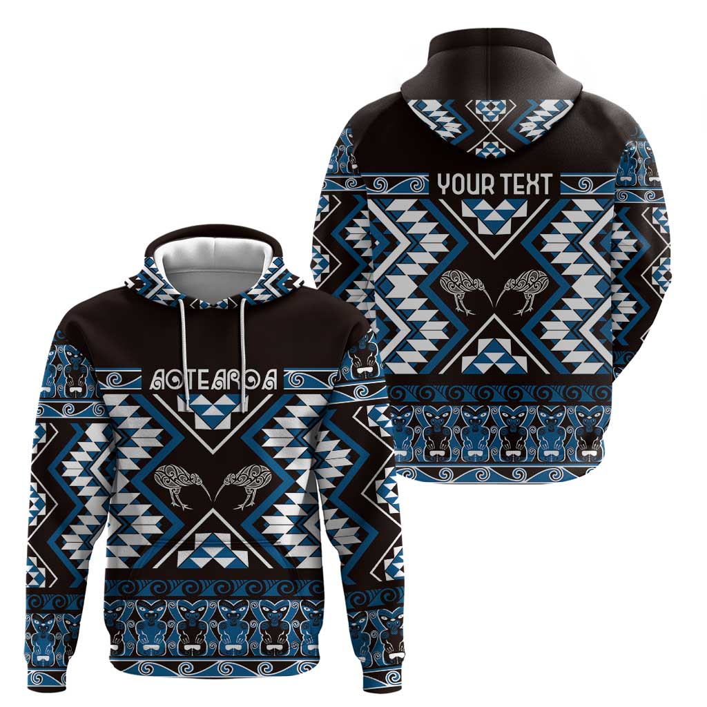 Personalised Taniko Motifs Aotearoa Zip Hoodie Waitangi Kowhaiwhai Kiwi - Blue LT7 - Polynesian Pride