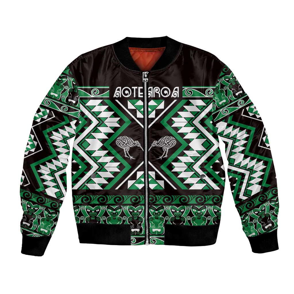 Personalised Taniko Motifs Aotearoa Bomber Jacket Waitangi Kowhaiwhai Kiwi - Green LT7 Unisex Green - Polynesian Pride