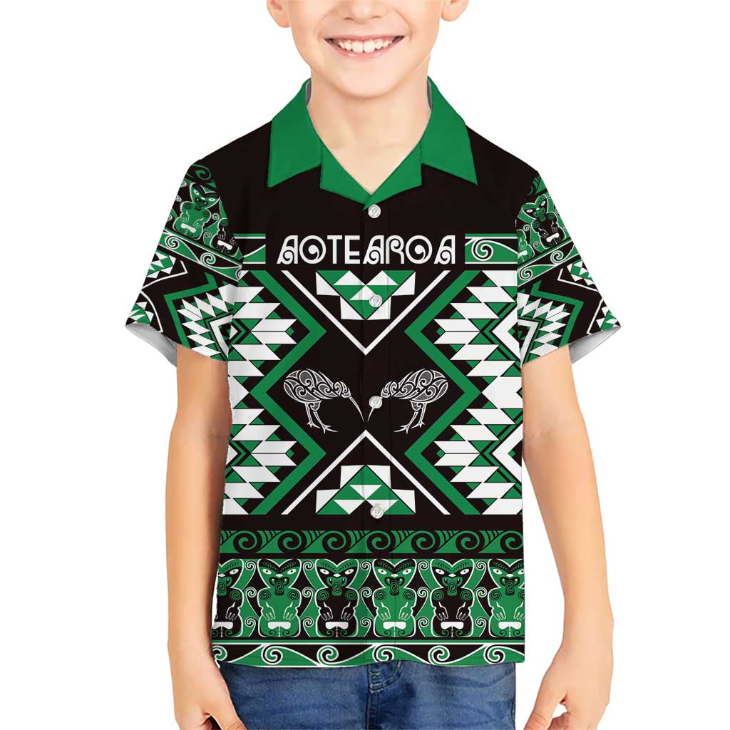 Personalised Taniko Motifs Aotearoa Kid Hawaiian Shirt Waitangi Kowhaiwhai Kiwi - Green LT7 Kid Green - Polynesian Pride
