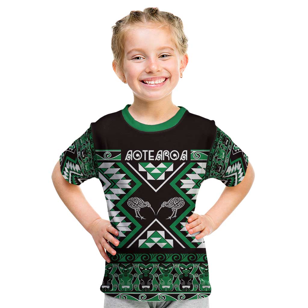 Personalised Taniko Motifs Aotearoa Kid T Shirt Waitangi Kowhaiwhai Kiwi - Green LT7 Green - Polynesian Pride