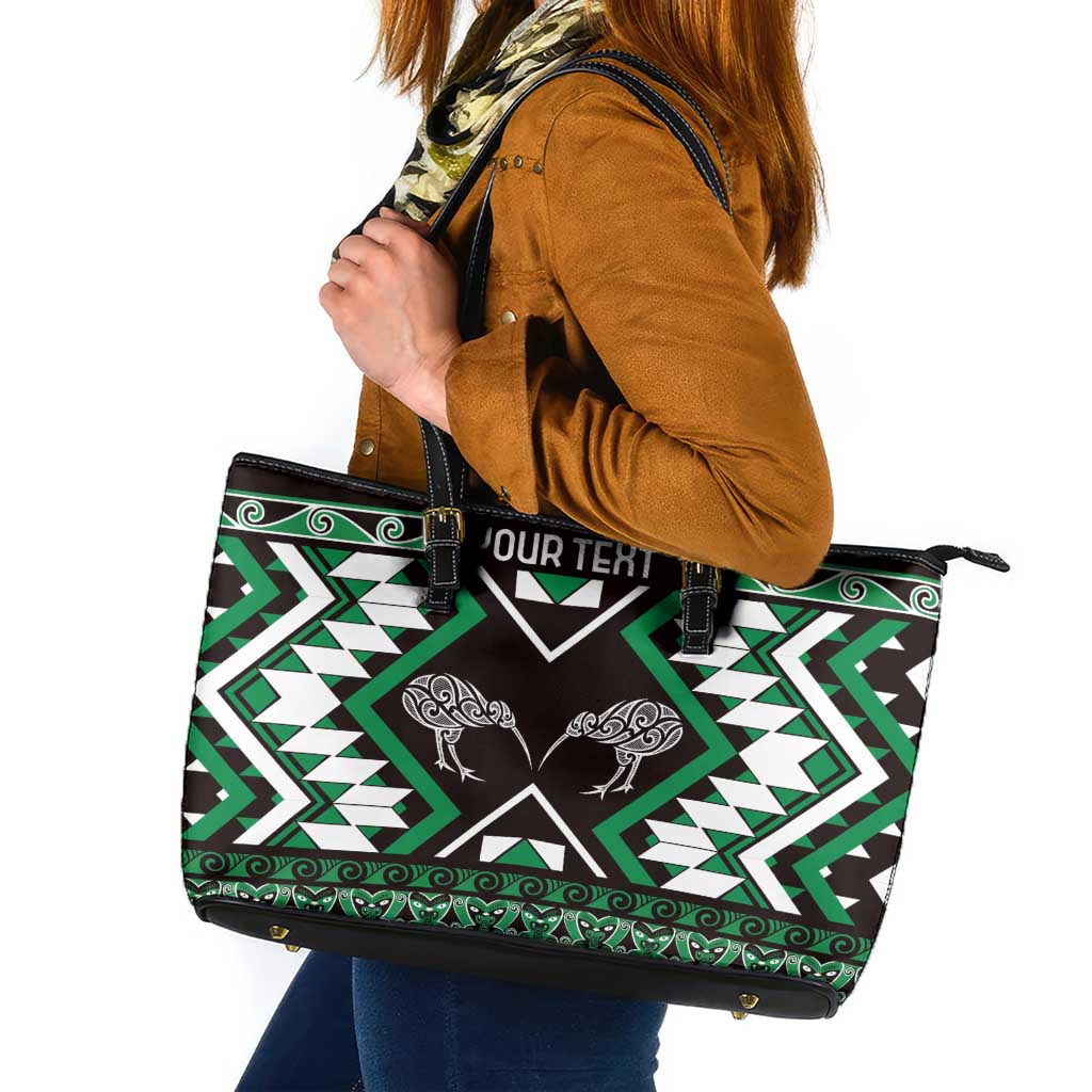 Personalised Taniko Motifs Aotearoa Leather Tote Bag Waitangi Kowhaiwhai Kiwi - Green LT7 Green - Polynesian Pride