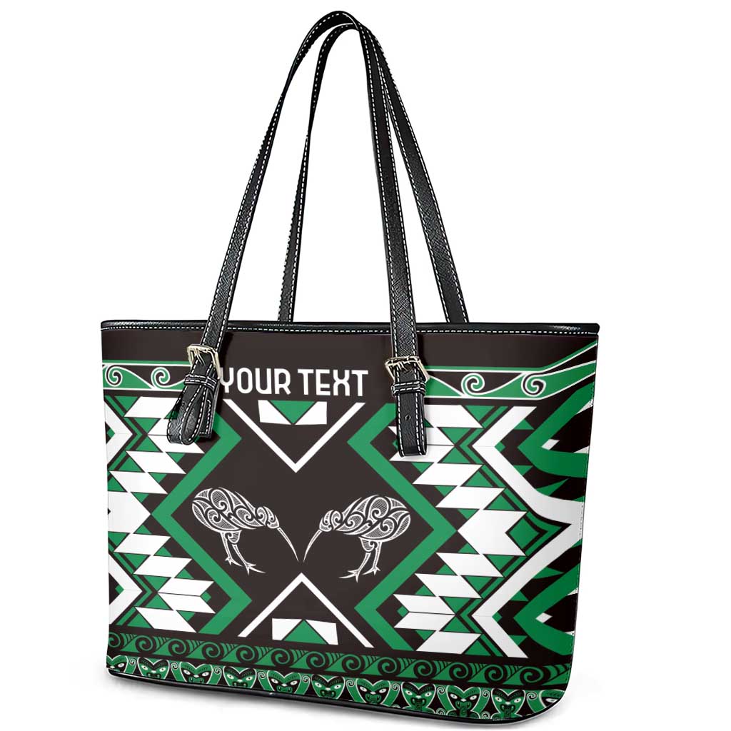 Personalised Taniko Motifs Aotearoa Leather Tote Bag Waitangi Kowhaiwhai Kiwi - Green