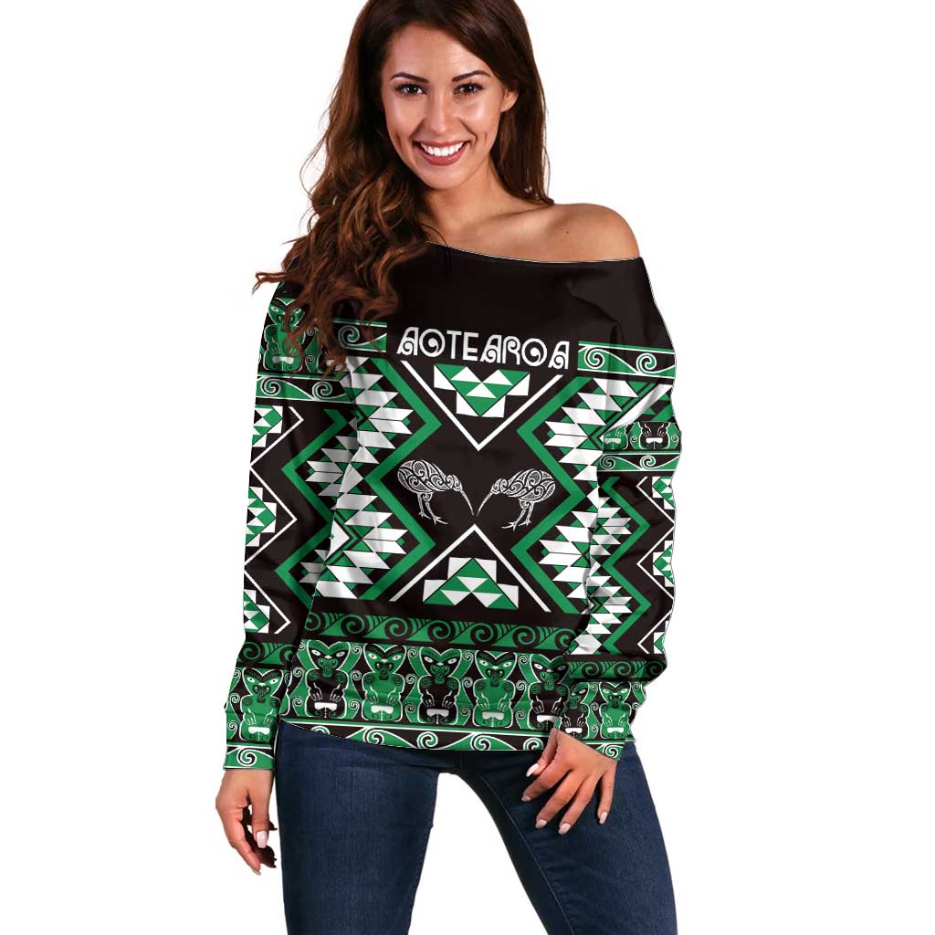 Personalised Taniko Motifs Aotearoa Off Shoulder Sweater Waitangi Kowhaiwhai Kiwi - Green LT7 Women Green - Polynesian Pride