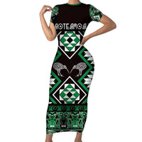 Personalised Taniko Motifs Aotearoa Short Sleeve Bodycon Dress Waitangi Kowhaiwhai Kiwi - Green