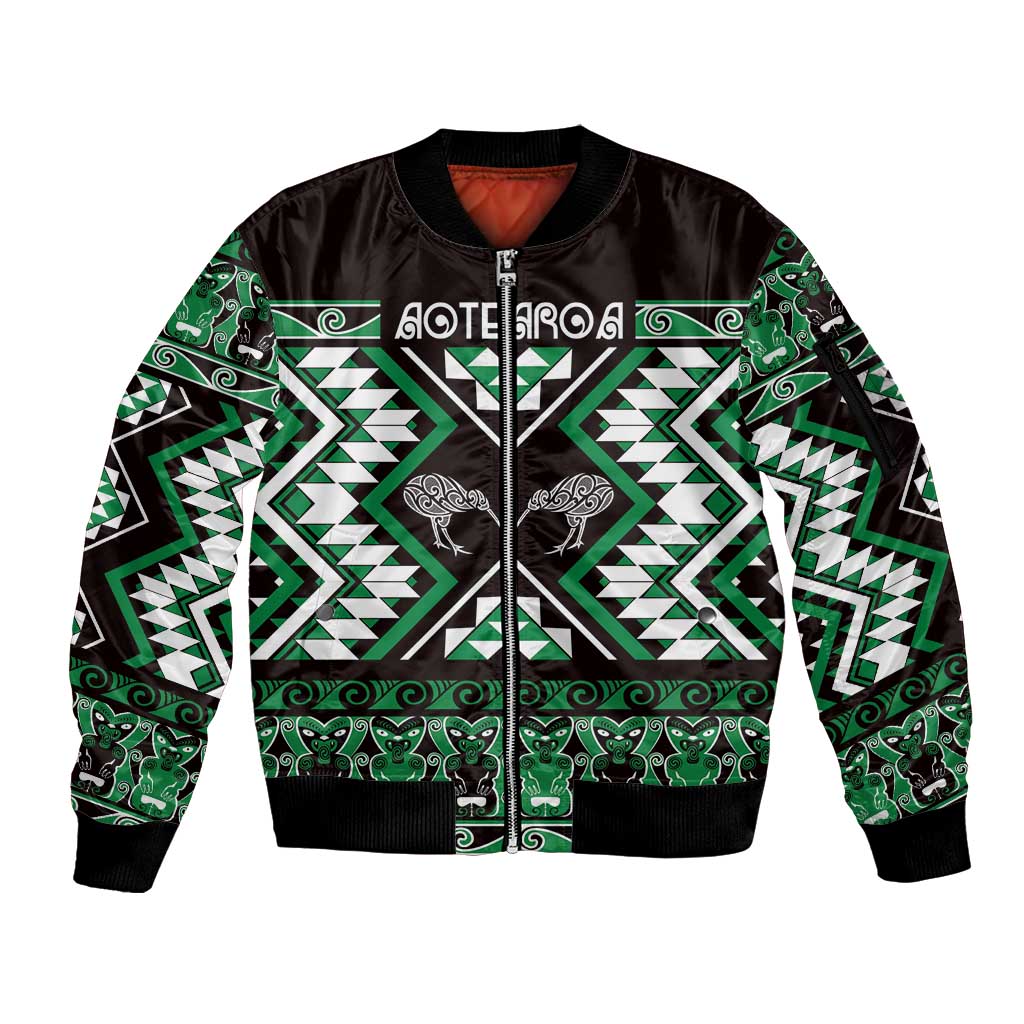 Personalised Taniko Motifs Aotearoa Sleeve Zip Bomber Jacket Waitangi Kowhaiwhai Kiwi - Green LT7 Unisex Green - Polynesian Pride