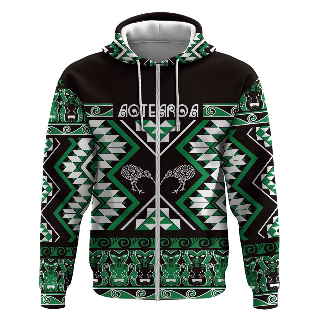 Personalised Taniko Motifs Aotearoa Zip Hoodie Waitangi Kowhaiwhai Kiwi - Green LT7 Zip Hoodie Green - Polynesian Pride