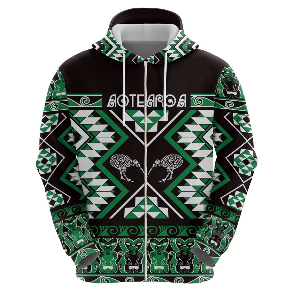 Personalised Taniko Motifs Aotearoa Zip Hoodie Waitangi Kowhaiwhai Kiwi - Green LT7 - Polynesian Pride