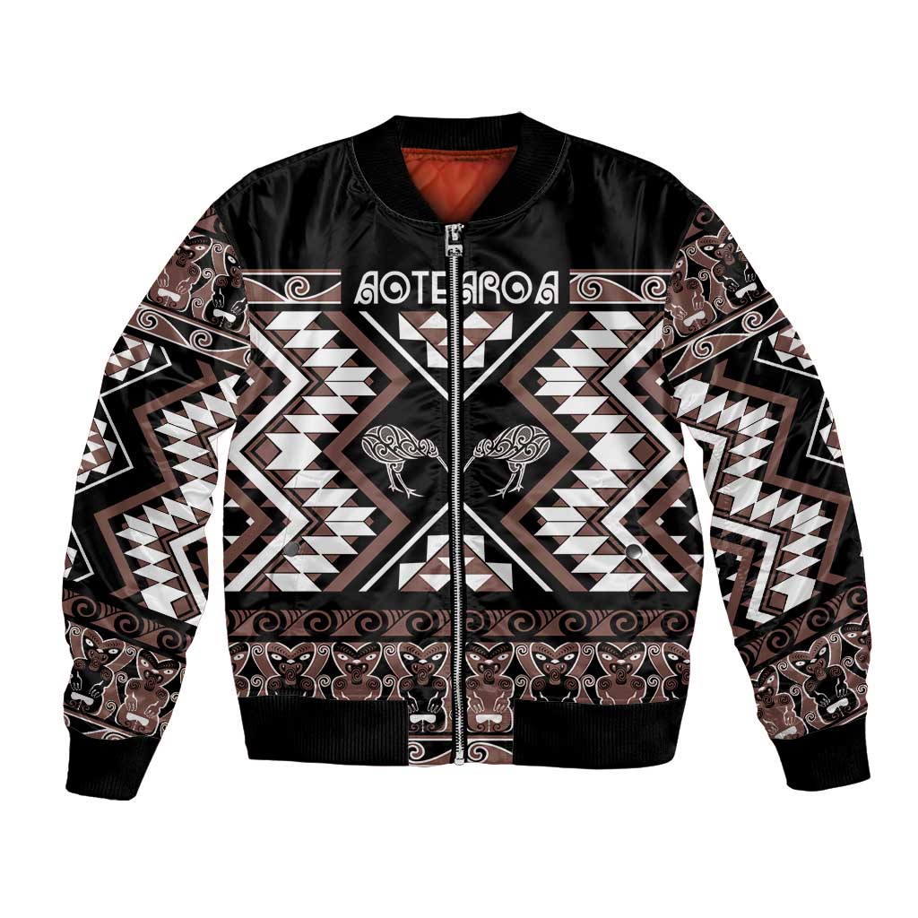 Personalised Taniko Motifs Aotearoa Bomber Jacket Waitangi Kowhaiwhai Kiwi - Mocha LT7 Unisex Mocha - Polynesian Pride