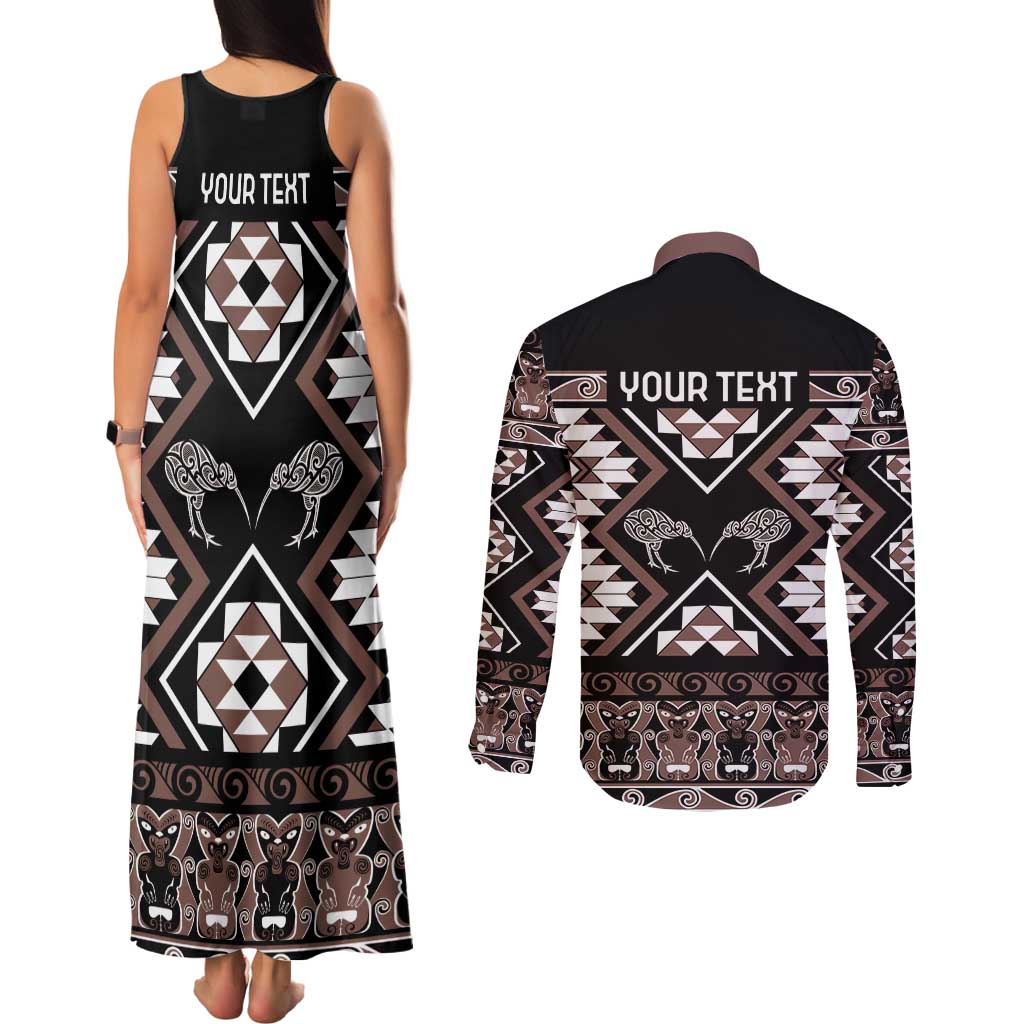 Personalised Taniko Motifs Aotearoa Couples Matching Tank Maxi Dress and Long Sleeve Button Shirt Waitangi Kowhaiwhai Kiwi - Mocha
