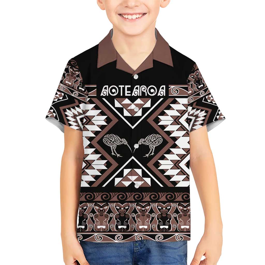 Personalised Taniko Motifs Aotearoa Kid Hawaiian Shirt Waitangi Kowhaiwhai Kiwi - Mocha LT7 Kid Mocha - Polynesian Pride