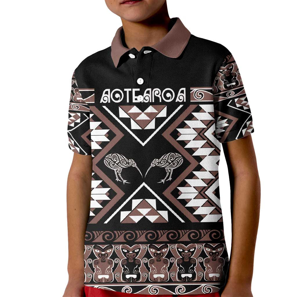 Personalised Taniko Motifs Aotearoa Kid Polo Shirt Waitangi Kowhaiwhai Kiwi - Mocha LT7 Kid Mocha - Polynesian Pride