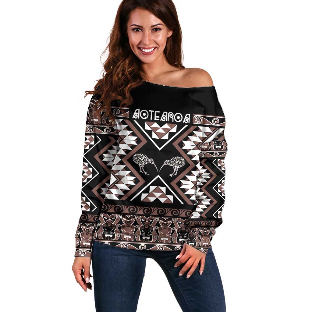 Personalised Taniko Motifs Aotearoa Off Shoulder Sweater Waitangi Kowhaiwhai Kiwi - Mocha LT7 Women Mocha - Polynesian Pride