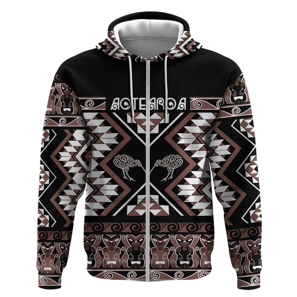 Personalised Taniko Motifs Aotearoa Zip Hoodie Waitangi Kowhaiwhai Kiwi - Mocha LT7 Zip Hoodie Mocha - Polynesian Pride