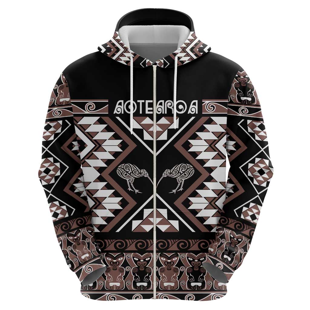 Personalised Taniko Motifs Aotearoa Zip Hoodie Waitangi Kowhaiwhai Kiwi - Mocha LT7 - Polynesian Pride