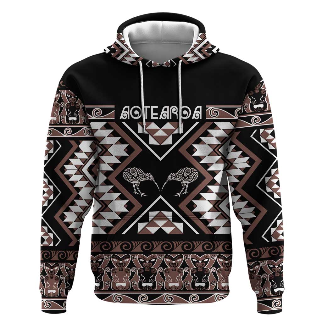 Personalised Taniko Motifs Aotearoa Zip Hoodie Waitangi Kowhaiwhai Kiwi - Mocha LT7 Pullover Hoodie Mocha - Polynesian Pride