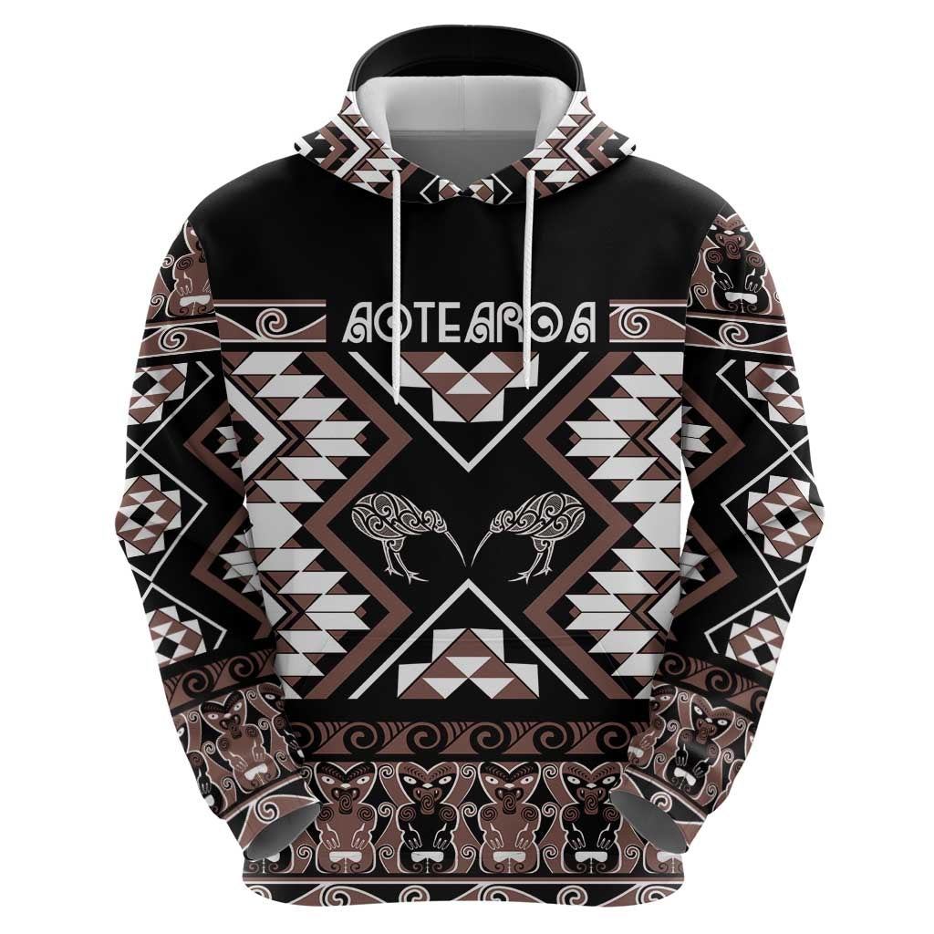 Personalised Taniko Motifs Aotearoa Zip Hoodie Waitangi Kowhaiwhai Kiwi - Mocha LT7 - Polynesian Pride