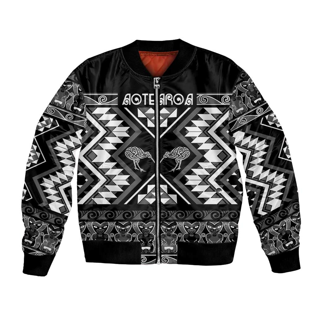Personalised Taniko Motifs Aotearoa Bomber Jacket Waitangi Kowhaiwhai Kiwi - Monochrome LT7 Unisex Grey - Polynesian Pride