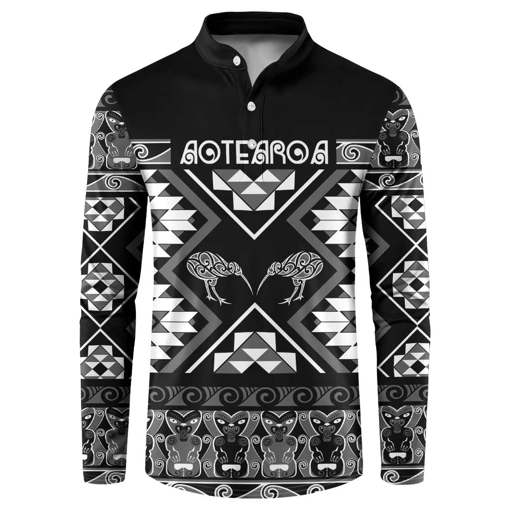 Personalised Taniko Motifs Aotearoa Button Sweatshirt Waitangi Kowhaiwhai Kiwi - Monochrome