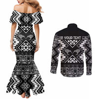 Personalised Taniko Motifs Aotearoa Couples Matching Mermaid Dress and Long Sleeve Button Shirt Waitangi Kowhaiwhai Kiwi - Monochrome