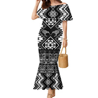 Personalised Taniko Motifs Aotearoa Family Matching Mermaid Dress and Hawaiian Shirt Waitangi Kowhaiwhai Kiwi - Monochrome