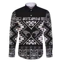 Personalised Taniko Motifs Aotearoa Family Matching Off The Shoulder Long Sleeve Dress and Hawaiian Shirt Waitangi Kowhaiwhai Kiwi - Monochrome