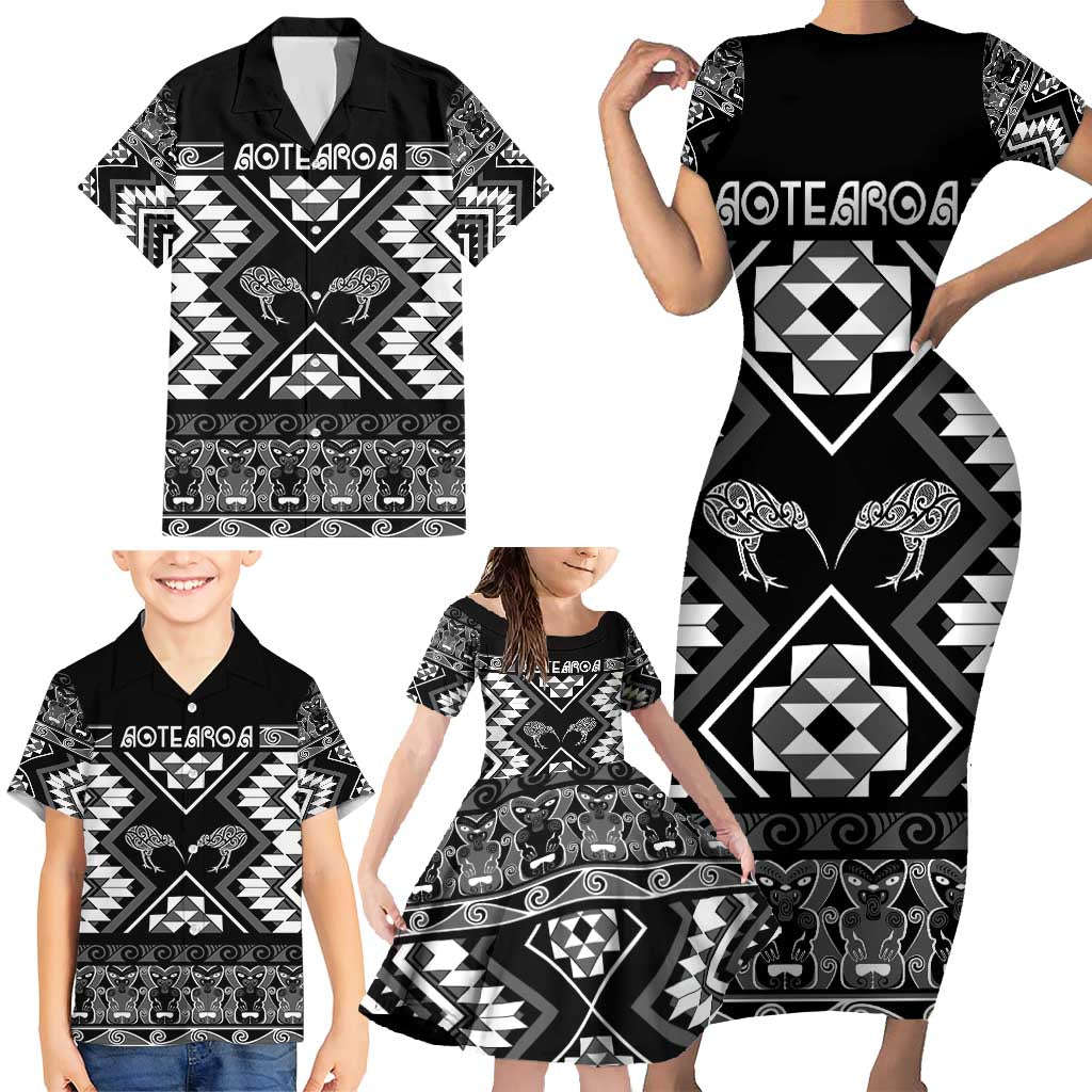 Personalised Taniko Motifs Aotearoa Family Matching Short Sleeve Bodycon Dress and Hawaiian Shirt Waitangi Kowhaiwhai Kiwi - Monochrome