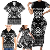 Personalised Taniko Motifs Aotearoa Family Matching Short Sleeve Bodycon Dress and Hawaiian Shirt Waitangi Kowhaiwhai Kiwi - Monochrome