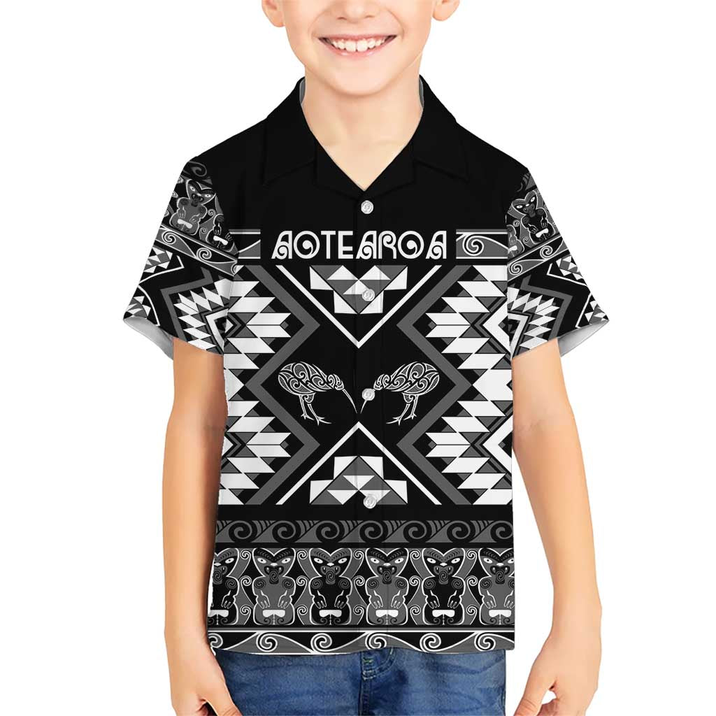 Personalised Taniko Motifs Aotearoa Kid Hawaiian Shirt Waitangi Kowhaiwhai Kiwi - Monochrome LT7 Kid Grey - Polynesian Pride