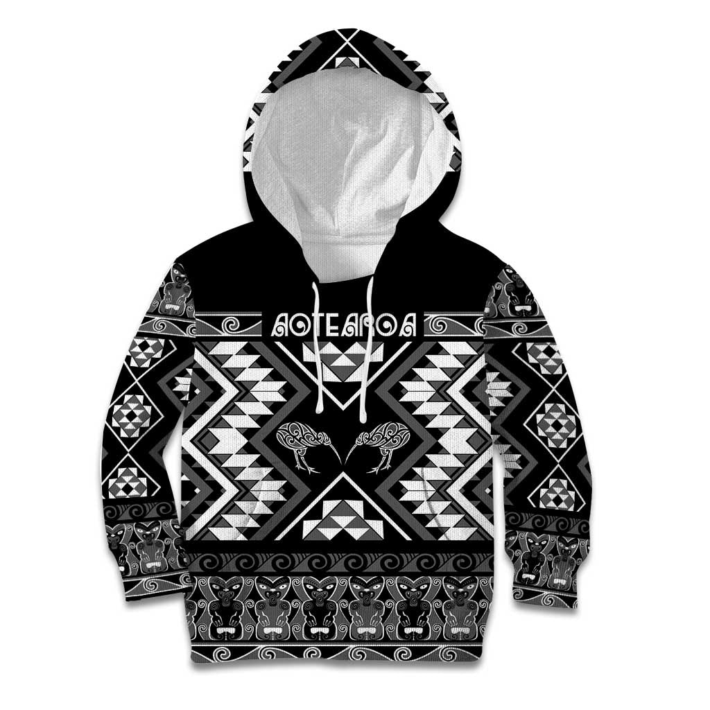 Personalised Taniko Motifs Aotearoa Kid Hoodie Waitangi Kowhaiwhai Kiwi - Monochrome