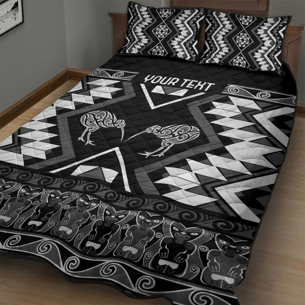 Personalised Taniko Motifs Aotearoa Quilt Bed Set Waitangi Kowhaiwhai Kiwi - Monochrome