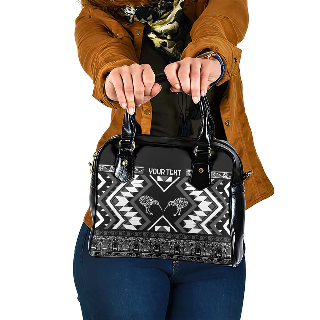 Personalised Taniko Motifs Aotearoa Shoulder Handbag Waitangi Kowhaiwhai Kiwi - Monochrome LT7 One Size Grey - Polynesian Pride