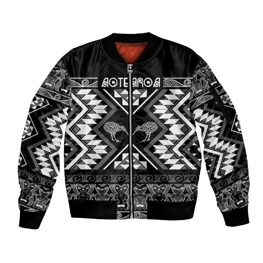 Personalised Taniko Motifs Aotearoa Sleeve Zip Bomber Jacket Waitangi Kowhaiwhai Kiwi - Monochrome LT7 Unisex Grey - Polynesian Pride