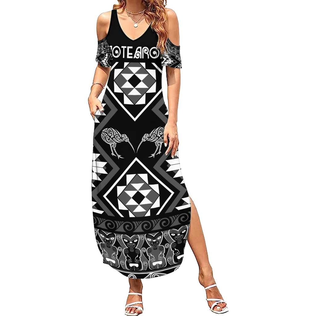 Personalised Taniko Motifs Aotearoa Summer Maxi Dress Waitangi Kowhaiwhai Kiwi - Monochrome LT7 Women Grey - Polynesian Pride