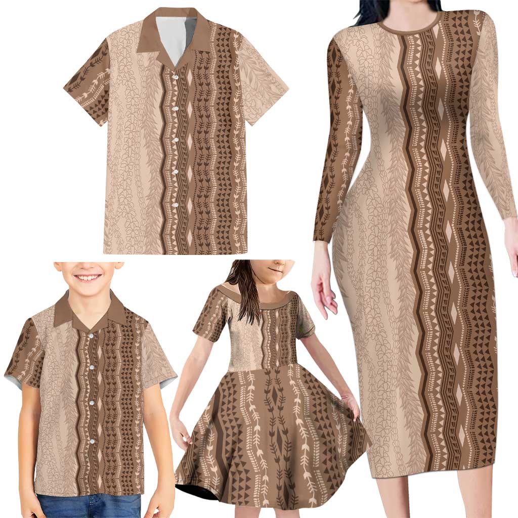Vintage Beige Hawaiian Traditional Kapa Mix Flowers Lei Family Matching Long Sleeve Bodycon Dress and Hawaiian Shirt LT7 - Polynesian Pride