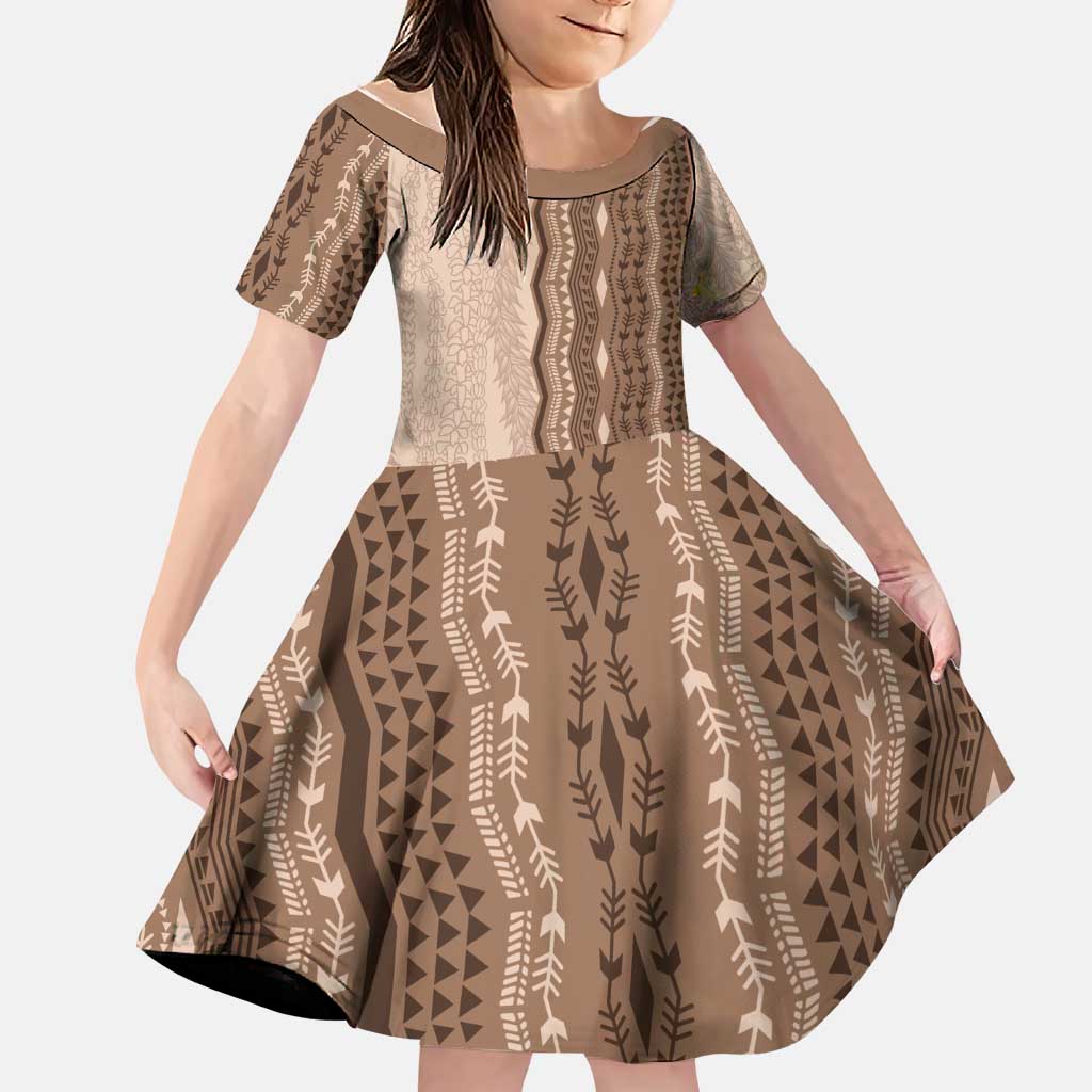 Vintage Beige Hawaiian Traditional Kapa Mix Flowers Lei Family Matching Mermaid Dress and Hawaiian Shirt LT7 Daughter's Dress Beige - Polynesian Pride