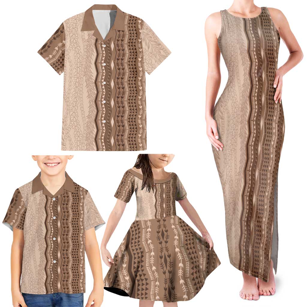 Vintage Beige Hawaiian Traditional Kapa Mix Flowers Lei Family Matching Tank Maxi Dress and Hawaiian Shirt LT7 - Polynesian Pride